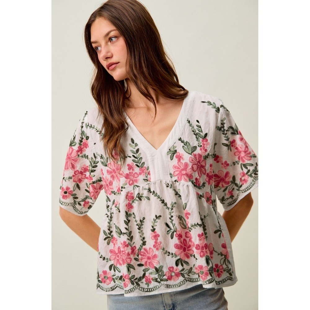 SO ME Floral Embroidered V Neck Boho Blouse Top - Large